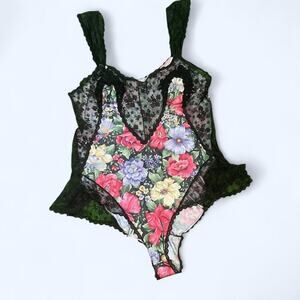 Vintage 90s Henson Kickernick Women’s L‎ Bodysuit Floral Black Lace Lingerie